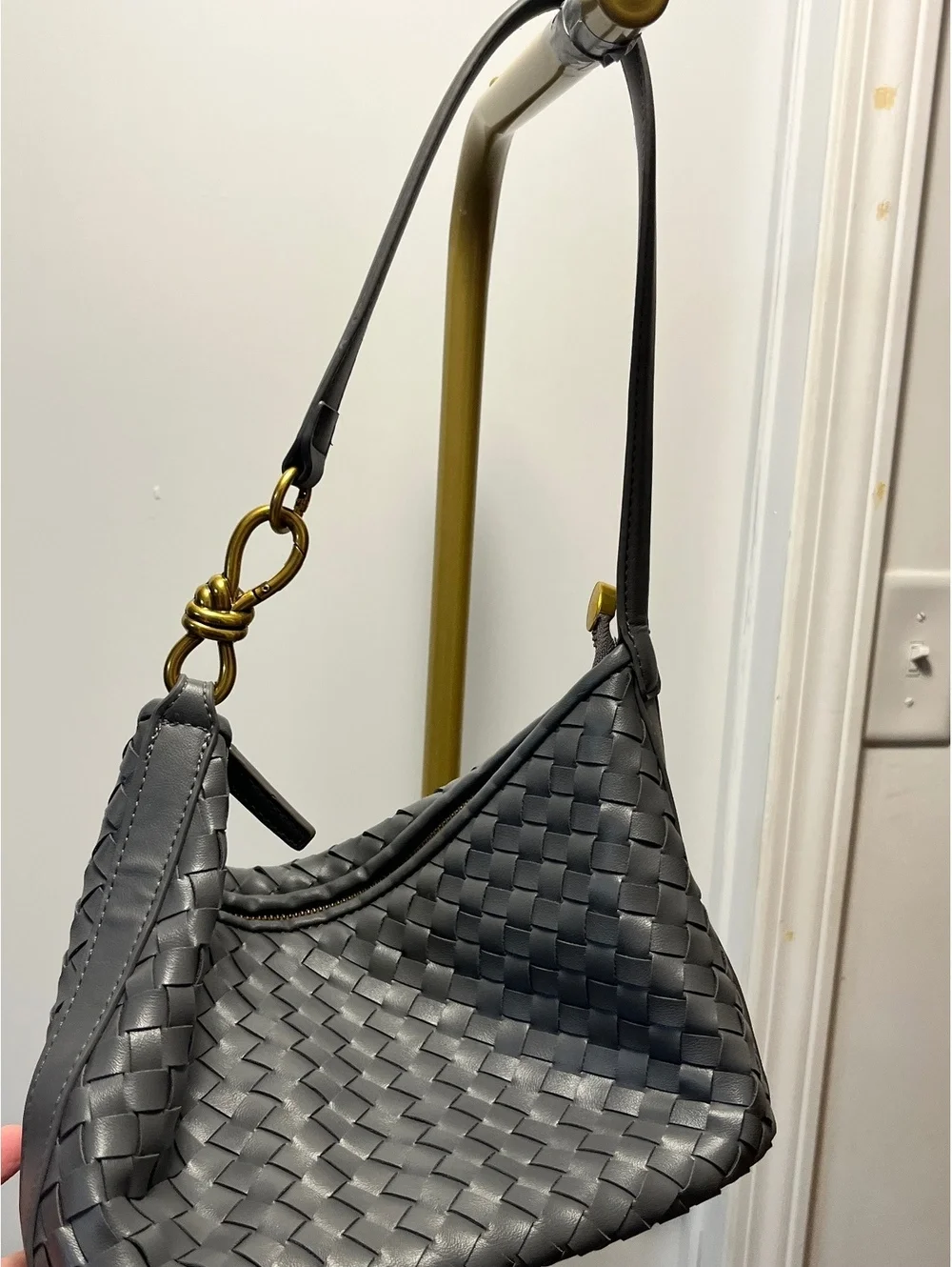 Chic Gray Woven Leather Shoulder Bag with Gold Hardware